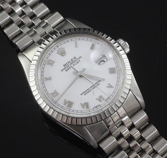 A gentlemans stainless steel Rolex Oyster Perpetual Datejust wristwatch, Serial No. R273551, Model No. 16037, 1987-88,